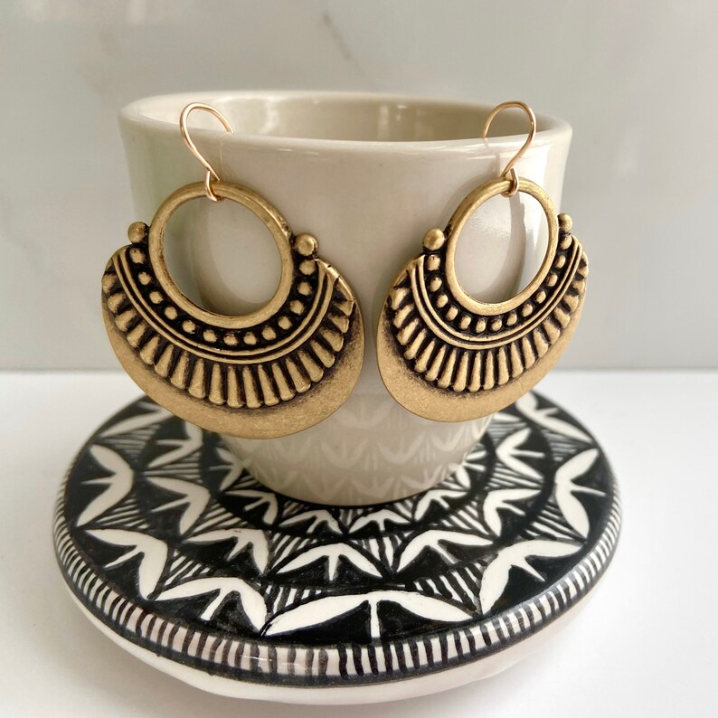 Boho chic hoops, festival earrings, bronze boho earrings, boho hoops, antiqued gold tribal dangles, big gold hoop earrings, babysitter gift