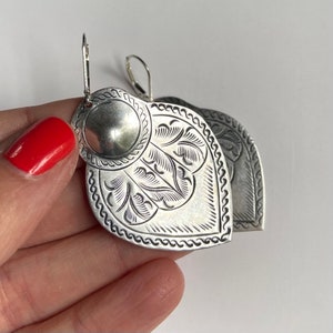 Moroccan silver earrings, Lightweight southwestern silver dangles, Mexican style stamped tin, Sterling ear wires, hand stamped Thai pendants image 5