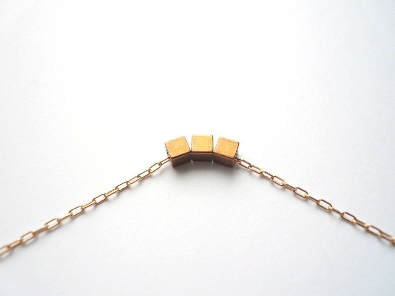 Dainty gold geometric cube layering necklace, feminine and delicate 14K gold fill chain with tiny vintage brass cubes, custom length chain