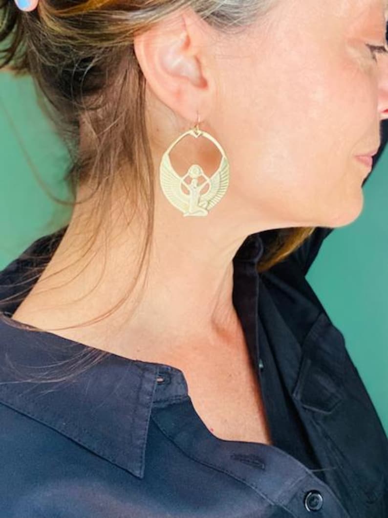 Goddess Isis jewelry Silver or Gold Egyptian Revival statement hoops Art Deco dangle earrings 1920s Flapper costume idea image 3