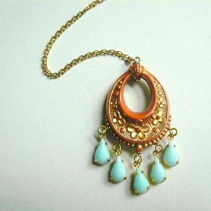 Burnt orange statement necklace, Boho festival necklace, Blue and orange drop pendant necklace, Vintage chandelier necklace