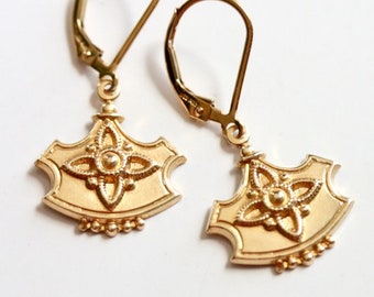Gold shield Moroccan style earrings, delicate masculine dangles, pretty detailed gold drops, hypoallergenic lightweight comfortable earrings