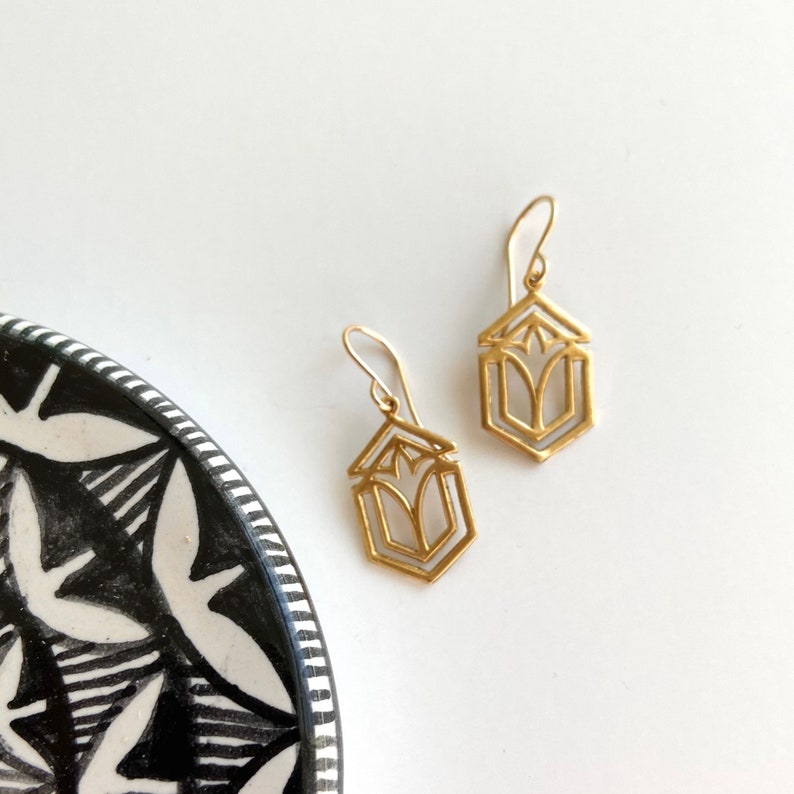 Gold art deco earrings Frank Lloyd Wright inspired Frank Lloyd Wright gold architecture earrings, Art deco gold earrings, handmade Geometric gold dangles, 1920s jewelry gift for architect