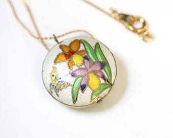 70s vintage floral white cloisonné necklace Butterfly lover gift Puffy round cloisonne pendant Gold chain 1970s Boho Chinese import jewelry