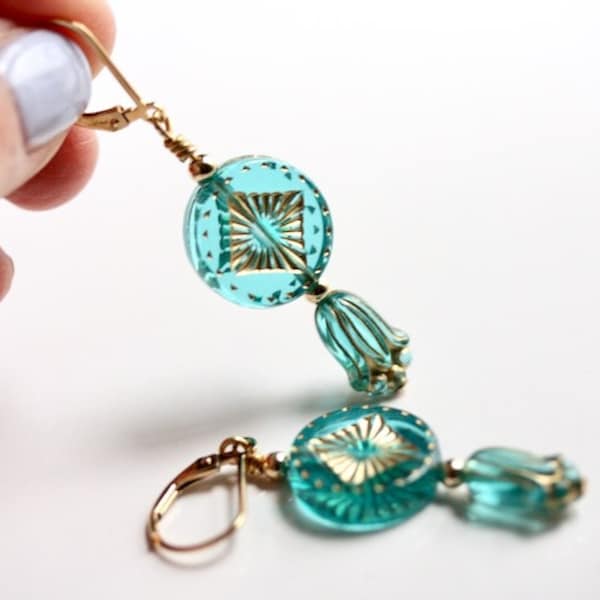 Mid Century Mod earrings, vintage teal dangles, sea green or blue starburst drops, clear lucite beaded handmade earrings, MCM style jewelry