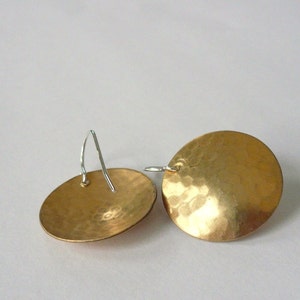 Gold coin earrings, simple 1970s disco earrings, Hammered round gold discs, Brass disc earrings, gold with sterling silver or 14KGF ear wire