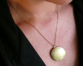 Large brass round gold locket necklace, Big photo locket and chain, Plain round locket, long or short necklace chain, working picture locket