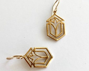 Frank Lloyd Wright gold architecture earrings, Art deco gold earrings, art deco earrings, handmade Geometric dangles, vintage architect gift