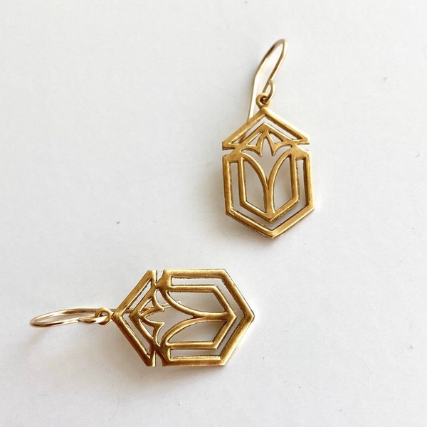 Frank Lloyd Wright gold architecture earrings, Art deco gold earrings, art deco earrings, handmade Geometric dangles, vintage architect gift