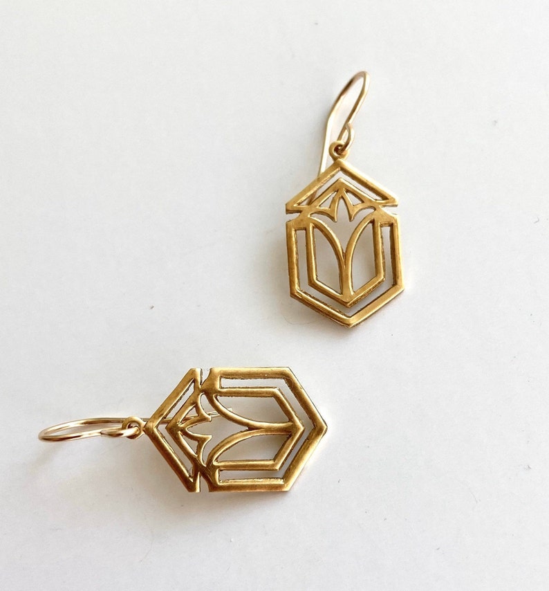 Gold art deco earrings Frank Lloyd Wright inspired Frank Lloyd Wright gold architecture earrings, Art deco gold earrings, handmade Geometric gold dangles, 1920s jewelry gift for architect