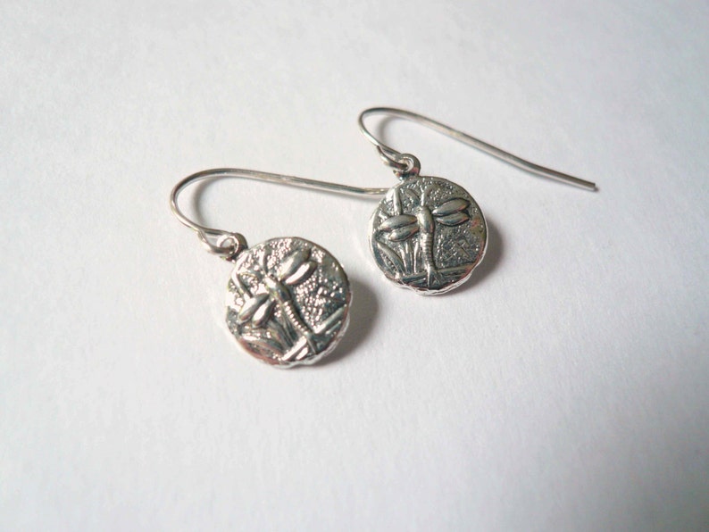 Silver dragonfly earrings, dainty coin dangles for the naturalist on high quality 925 sterling ear wires, sweet gift for spring gardener image 5