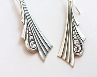 Silver Art Deco scroll earrings, linear fan Deco dangles Nouveau style flourish, lightweight hypoallergenic earrings 925 leverbacks or loops