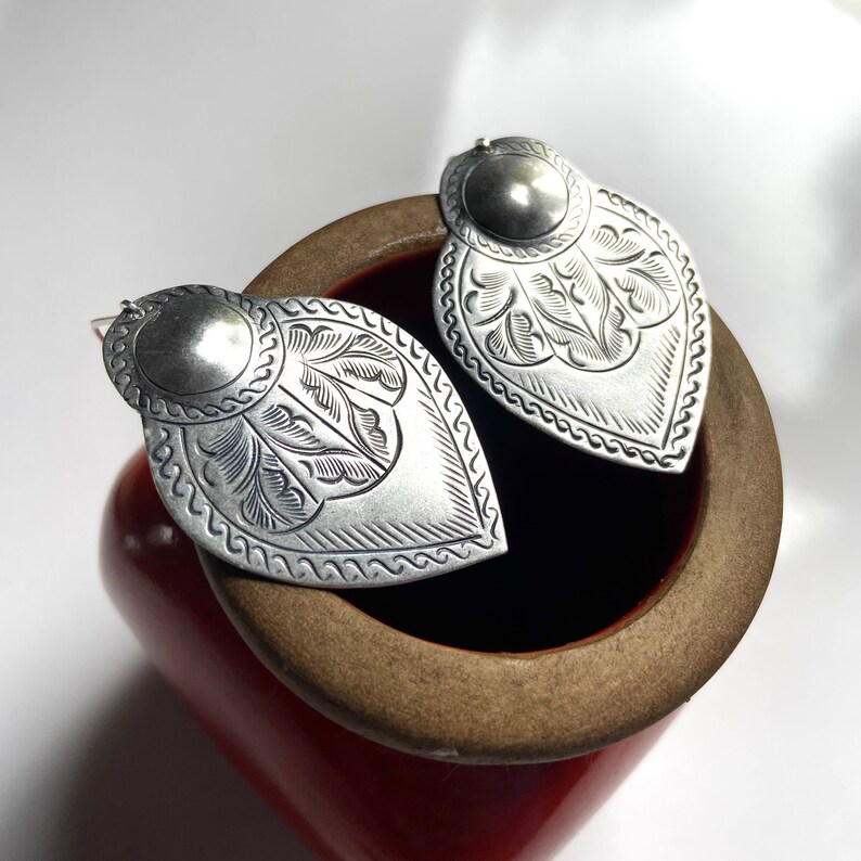 Moroccan silver earrings, Lightweight southwestern silver dangles, Mexican style stamped tin, Sterling ear wires, hand stamped Thai pendants image 6