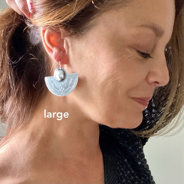 Halbkreis Jugendstil Silberohrringe, große marokkanische Silberohrhänger, Halbmond 70er Jahre Boho Ohrhänger an 925er Ohrhaken von mir