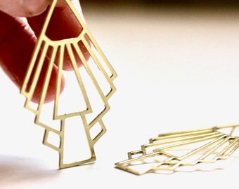 Big Modernist Art Deco Gold Earrings, fabulous 1920s architecture light laser cut geometric dangles, dramatic fun flapper costume jewelry