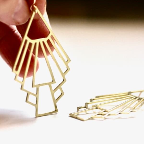 Big Modernist Art Deco Gold Earrings, fabulous 1920s architecture light laser cut geometric dangles, dramatic fun flapper costume jewelry