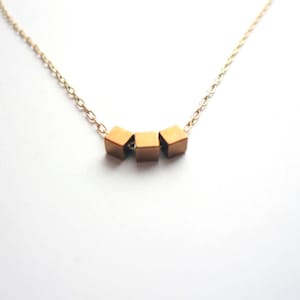 Dainty gold geometric cube layering necklace, feminine and delicate 14K gold fill chain with tiny vintage brass cubes, custom length chain