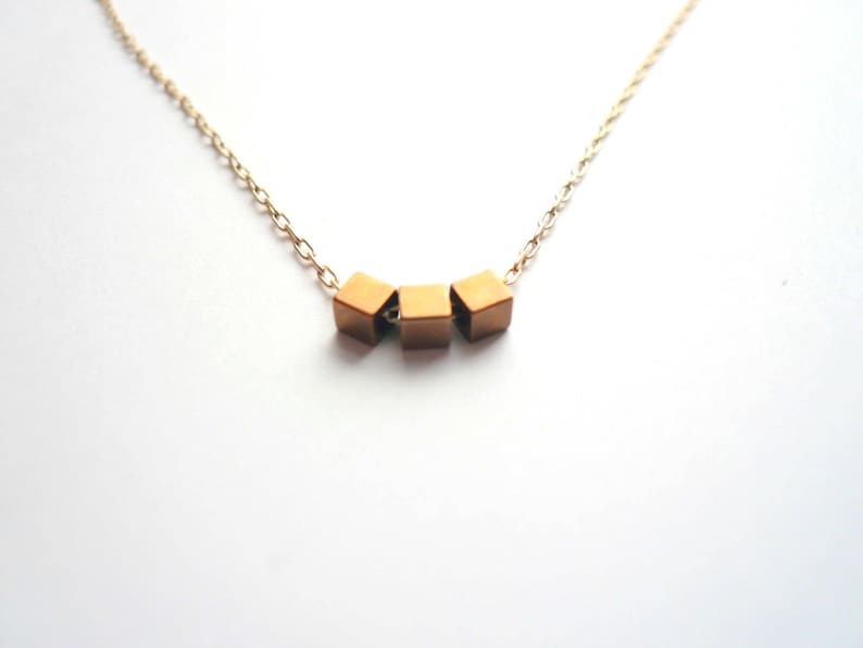 Dainty gold geometric cube layering necklace, feminine and delicate 14K gold fill chain with tiny vintage brass cubes, custom length chain