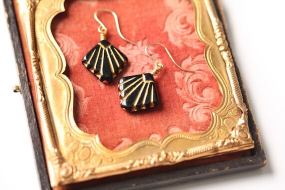 Art deco black and gold earrings, dainty 20s dang… - image 7