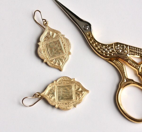 Hammered gold Moroccan earrings, scrolled gold Victorian dangle drops, bold Arabesque brass earrings hypoallergenic 14KGF for sensitive ears