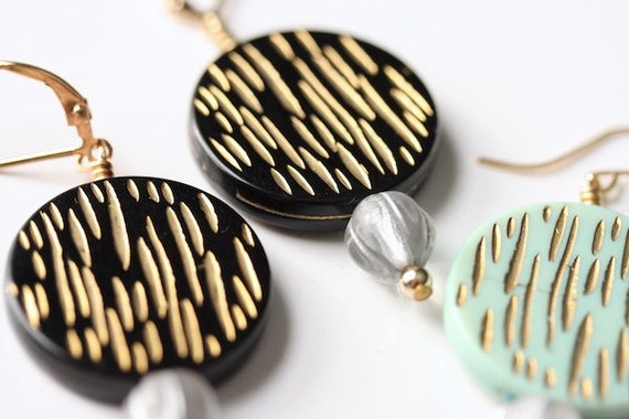 Vintage MCM earrings, gold and black earrings, atomic 1950s jewelry, mid century mod gift, new hypoallergenic 14KGF, black and gold discs