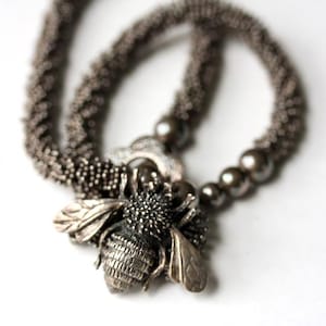 Vintage sterling silver bee necklace Bumble bee pendant necklace on chunky chain Handmade Bee lover beekeeper gift Honeybee housefly jewelry