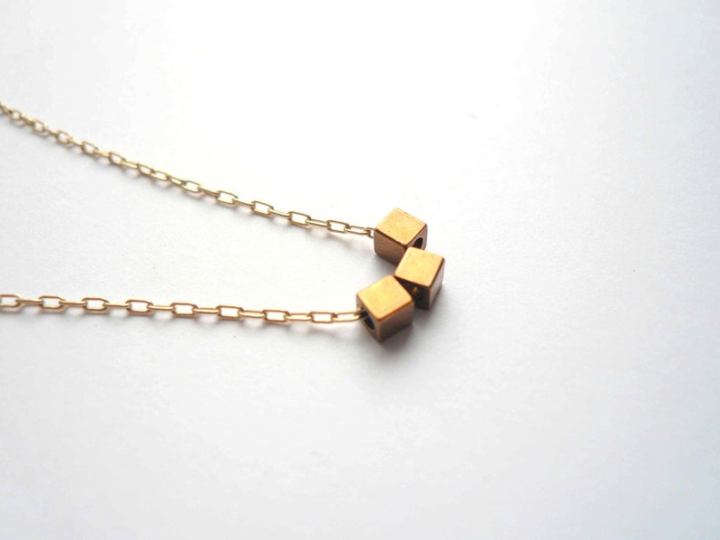 Dainty gold geometric cube layering necklace, feminine and delicate 14K gold fill chain with tiny vintage brass cubes, custom length chain