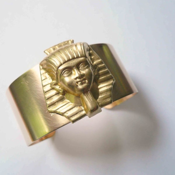 Art deco gold cuff bracelet, King Tut Egyptian revival bracelet cuff, wide brass gold cuff with Sphinx pharaoh head, unique handmade jewelry