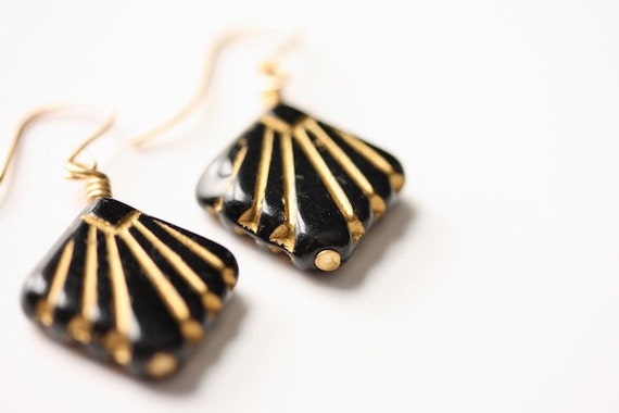 Art deco black and gold earrings, dainty 20s dang… - image 1