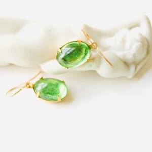 Green moonstone vintage jadeite glass earrings on new 14KGF, jade green gem oval drops, Art Deco Gripoix glass style dangles, March birthday