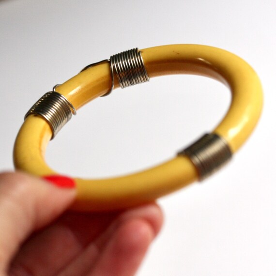 Vintage bright banana yellow bangle bracelet, sil… - image 2