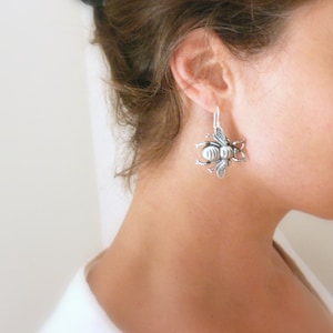 Big silver bee earrings XL insect jewelry Queen bee dangles Light weight bug earring drops Honey Bee lover Beekeeper gift Creepy Pretty fly