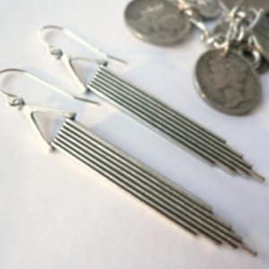 Narrow delicate silver earrings Art deco architecture straight line dangles Light NYC souvenir jewelry 1920s theme Great Gatsby gift idea