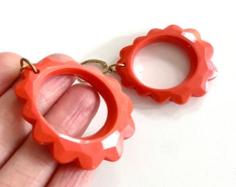 Big red hoop earrings, orange coral color retro 50s scalloped statement dangles, lightweight vintage Italian earrings with silver or gold