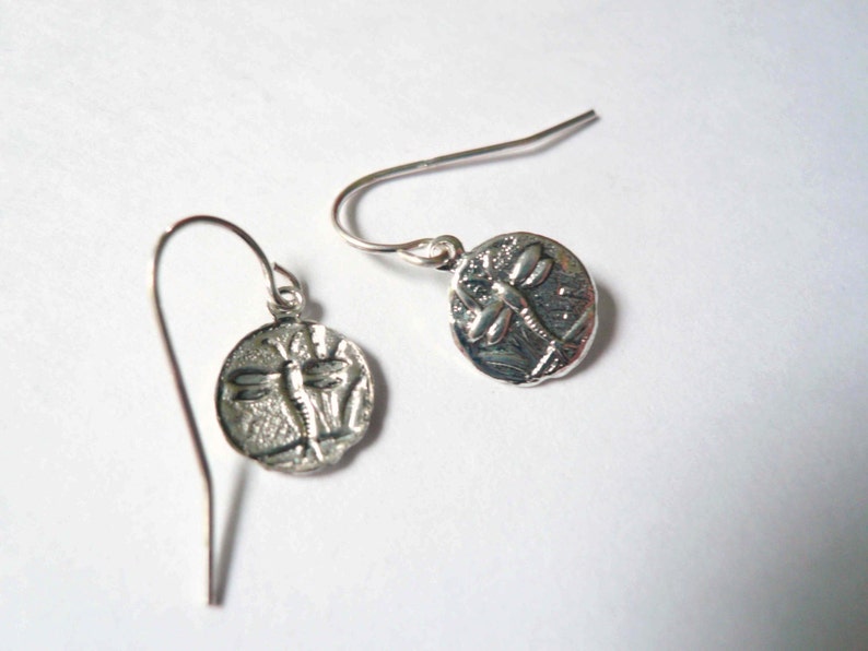 Silver dragonfly earrings, dainty coin dangles for the naturalist on high quality 925 sterling ear wires, sweet gift for spring gardener image 3