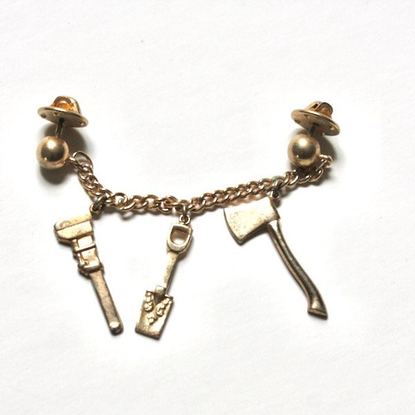 Cool tool sweater clip, modern day mini chatelaine collar pin with ax, shovel and wrench, DIY mothers day gift or fathers day gold tie tack