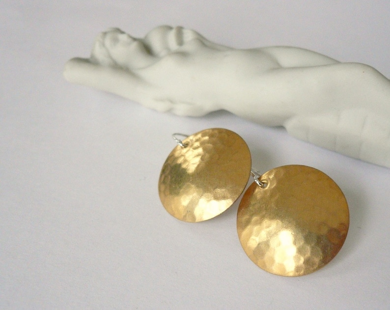 Gold coin earrings, simple 1970s disco earrings, Hammered round gold discs, Brass disc earrings, gold with sterling silver or 14KGF ear wire