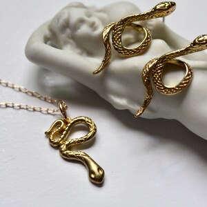 May include: A gold snake necklace and earrings set. The necklace features a delicate chain and a pendant of a coiled snake. The earrings are simple studs with a snake design.