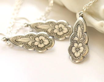 Silver Victorian necklace Matching earrings Romantic silver necklace Art Nouveau feminine earring necklace set Dainty silver flower necklace