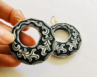 Black and white hoop earrings, Large unique vintage statement hoops with scrolled leaf lucite pendants, new high quality 14KGF ear wires