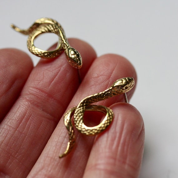 Delicate gold snake earrings, dainty snake post earrings, detailed brass gold snake charms with steel posts, Egyptian Revival asp earrings