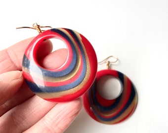 Red hoop earrings, Retro striped blue and gold vintage Italian round lightweight lucite, 14KGF or 925  sterling silver lever backs or loops