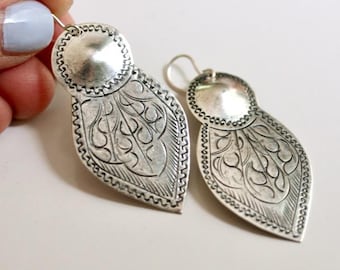 Moroccan silver earrings, Lightweight southwestern silver dangles, Mexican style stamped tin, Sterling ear wires, hand stamped Thai pendants