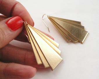 Gold earrings, Large art deco statement dangles, sexy fabulous glamorous Gatsby party gift, big geometric lightweight matte brass on 14KGF