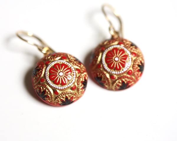 Mosaic Glass Earrings: Royal Red Vintage Style, 14K Gold Fill