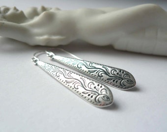 Silver earrings, vintage style Downton Abbey jewelry, Edwardian earrings, detailed Victorian drops, long silver dangles, sterling ear wire