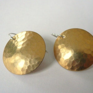 Gold coin earrings, simple 1970s disco earrings, Hammered round gold discs, Brass disc earrings, gold with sterling silver or 14KGF ear wire