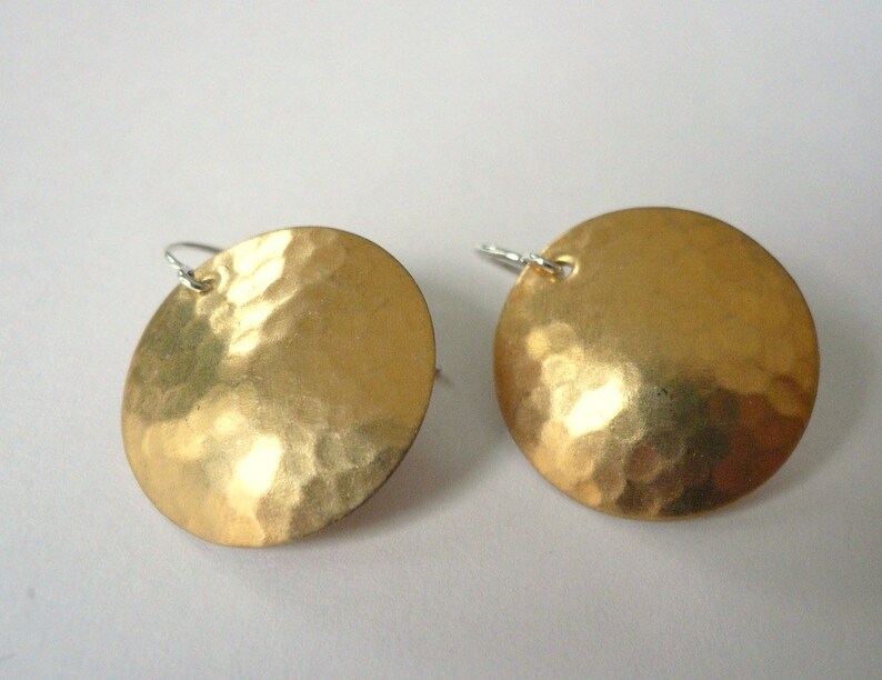 Gold coin earrings, simple 1970s disco earrings, Hammered round gold discs, Brass disc earrings, gold with sterling silver or 14KGF ear wire