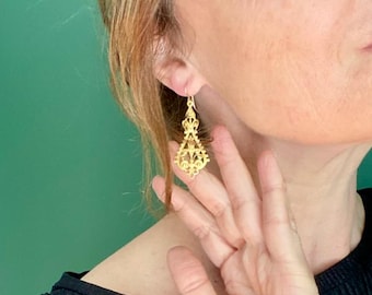 Gold Filigree Chandelier Earrings: Victorian Style Dangles, Hypoallergenic 14k GF