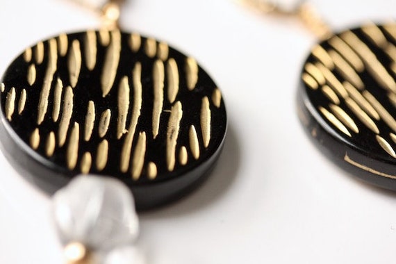 Vintage MCM earrings, gold and black earrings, atomic 1950s jewelry, mid century mod gift, new hypoallergenic 14KGF, black and gold discs View 2